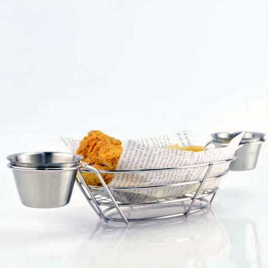 Oval Shape Fry Basket with Two Stainless Steel 4oz. Sauce Cups