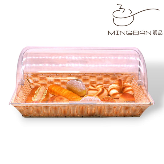 Handwoven PP imitation rattan woven bread basket with transparent lid