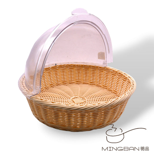 Handwoven PP imitation rattan woven bread basket with transparent lid