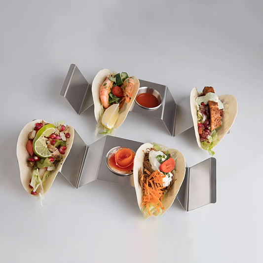 Taco Holder Stand with Handle and Stainless Steel Sauce Cup (Hold 2 or 4 Tacos)