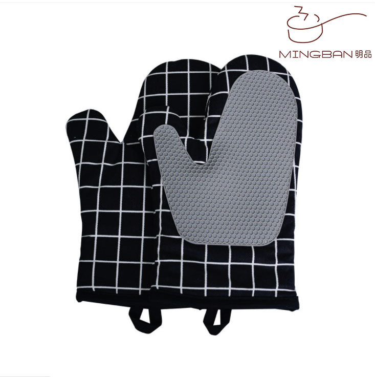Baked cotton cloth and silicone oven gloves - 1 pair/black checkered pattern