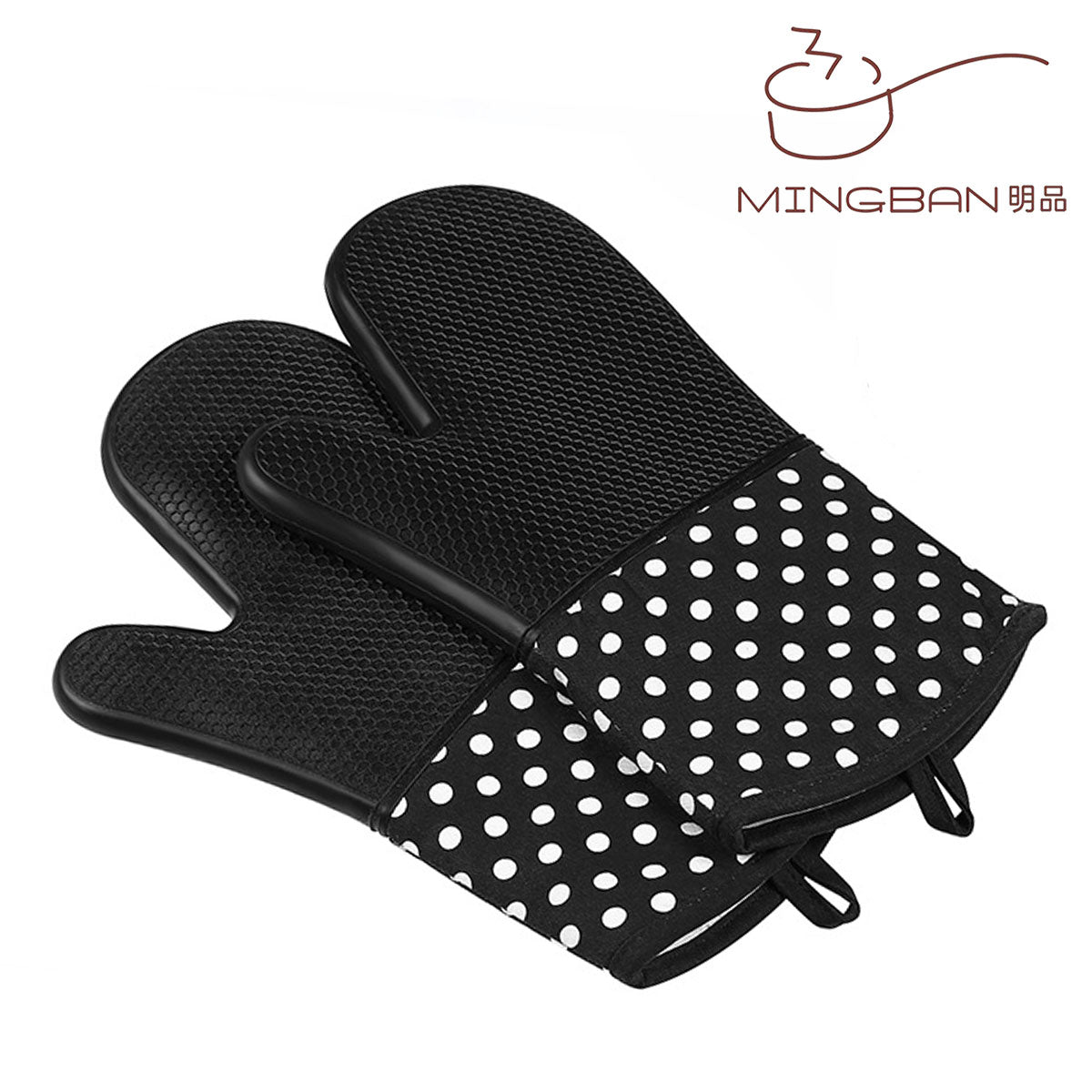 Silicone heat-insulating gloves - black polka dots (pair)