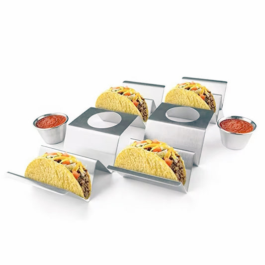 Taco Holder Stand with Handle and Stainless Steel Sauce Cup (Hold 2 or 4 Tacos)