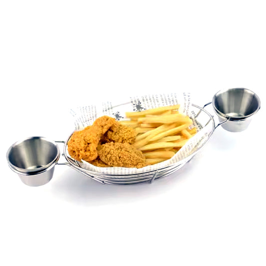 Oval Shape Fry Basket with Two Stainless Steel 4oz. Sauce Cups