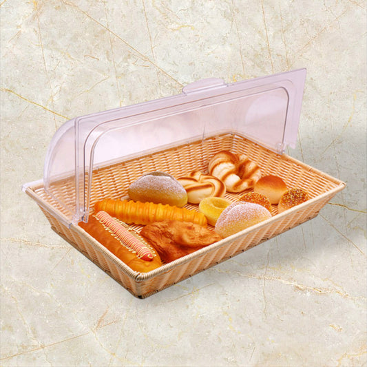 Handwoven PP imitation rattan woven bread basket with transparent lid