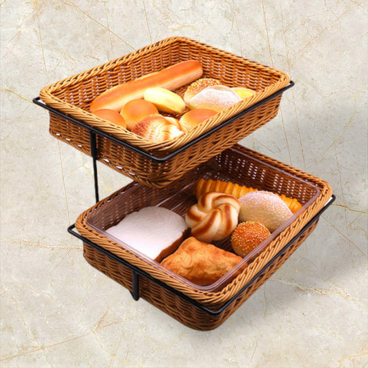 Two-layer iron frame with two PP imitation rattan woven bread baskets (set)