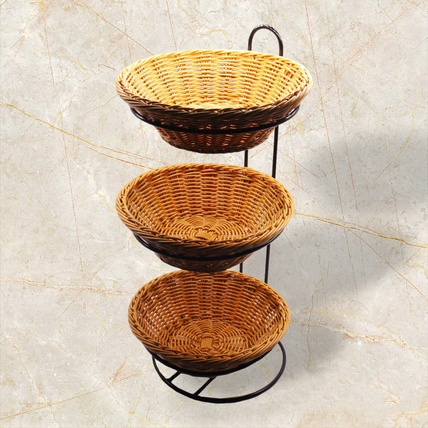 三層麵包籃鐵架 (放置PP仿藤編織圓形籃子)